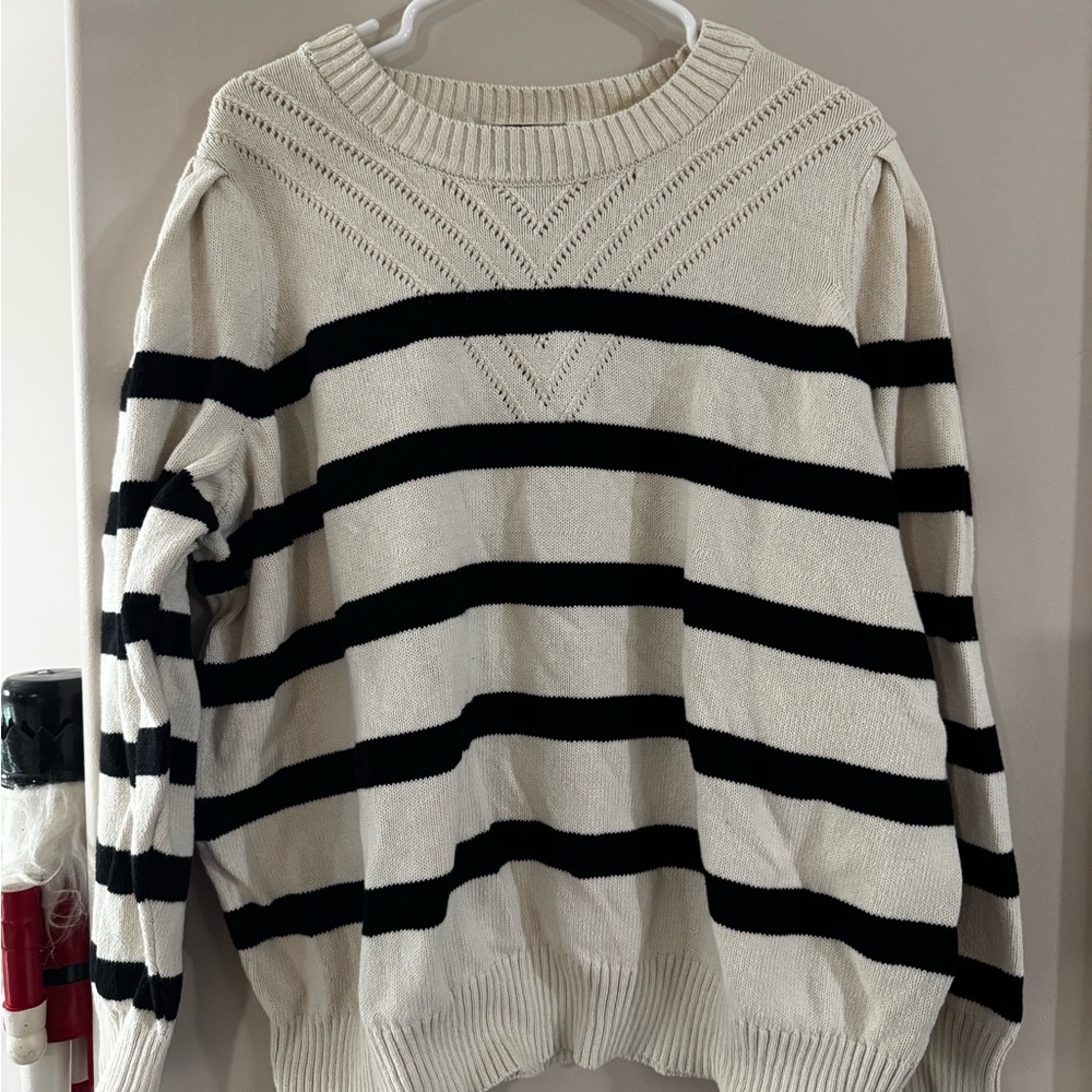 Lane Bryant Cream and Black Striped Crewneck Sweater
